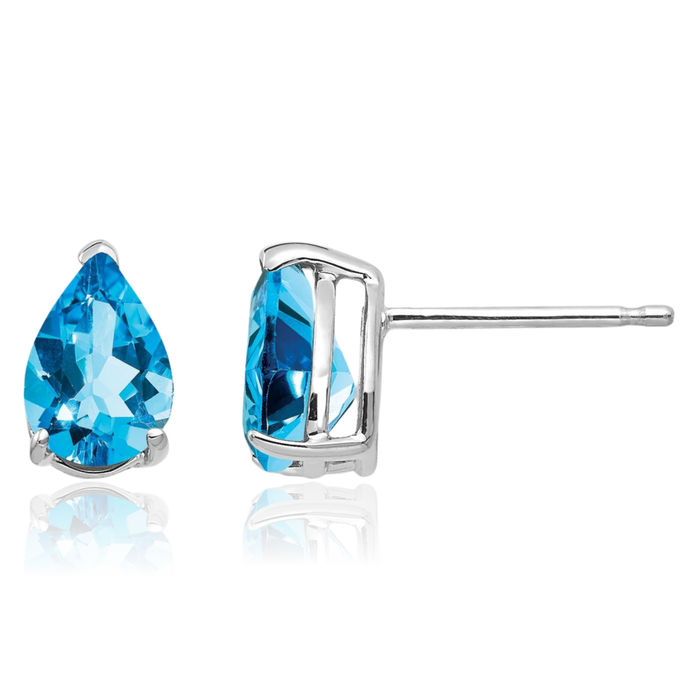 14K Solid White Gold Swiss Blue Topaz Studs Pear Teardrop Gemstone Solitaire Earrings December Birthstone Jewelry