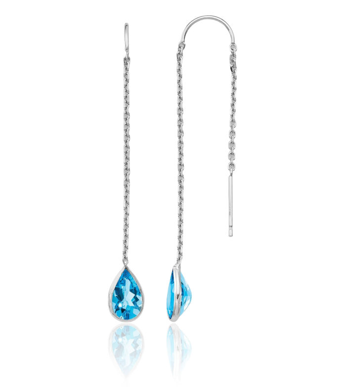 14K Solid White Gold Swiss Blue Topaz Threader Drop Dangle Earrings Pear Teardrop Gemstone December Birthstone Jewelry