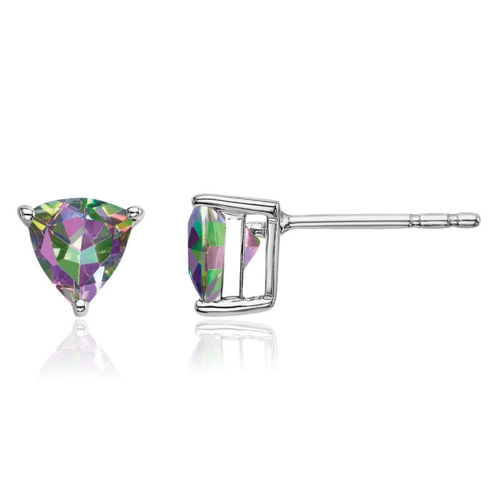 14K Solid White Gold Trillion Mystic Fire Topaz Studs Gemstone Earrings