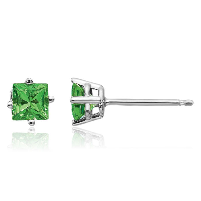 14K Solid White Gold Tsavorite Studs Gemstone Solitaire Earrings January Birthstone Jewelry