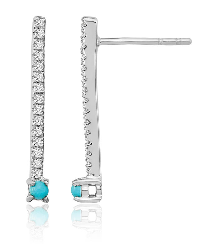 14K Solid White Gold Blue Turquoise Topaz Line Bar Drop Dangle Earrings