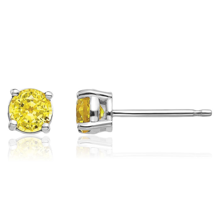 14K Solid White Gold Yellow Sapphire Studs Gemstone Solitaire Earrings November Birthstone Jewelry