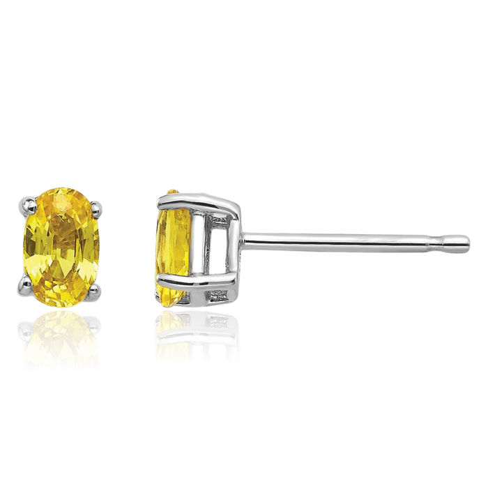 14K Solid White Gold Yellow Sapphire Studs Gemstone Solitaire Earrings November Birthstone Jewelry