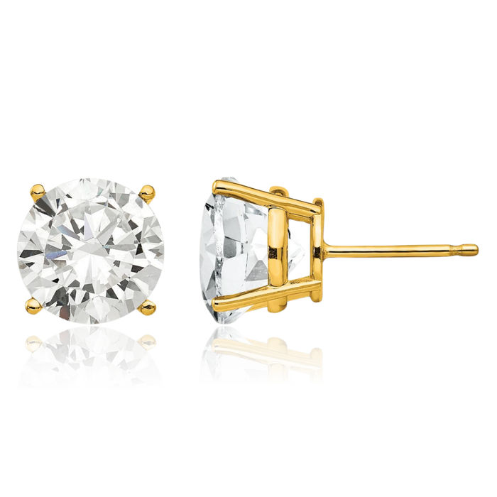 14K Solid Yellow Gold 10mm Cubic Zirconia CZ Studs Gemstone Solitaire Earrings April Birthstone Jewelry