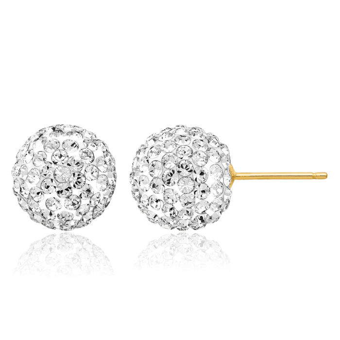 14K Solid Yellow Gold 10mm Disco Ball Rhinestone Crystals Stud Earrings