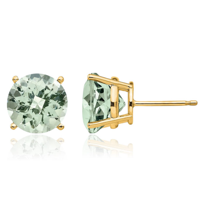 14K Solid Yellow Gold 10mm Round Checker Cut Green Quartz Studs Gemstone Solitaire Earrings August Birthstone Jewelry