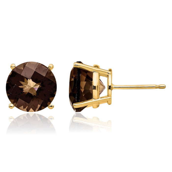 14K Solid Yellow Gold 10mm Round Checker Cut Brown Smoky Quartz Studs Gemstone Solitaire Earrings June Birthstone Jewelry