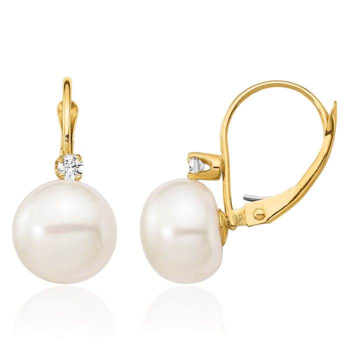 14K Solid Yellow Gold 10mm White Button Freshwater Cultured Pearl .10 Diamond Drop Dangle Earrings