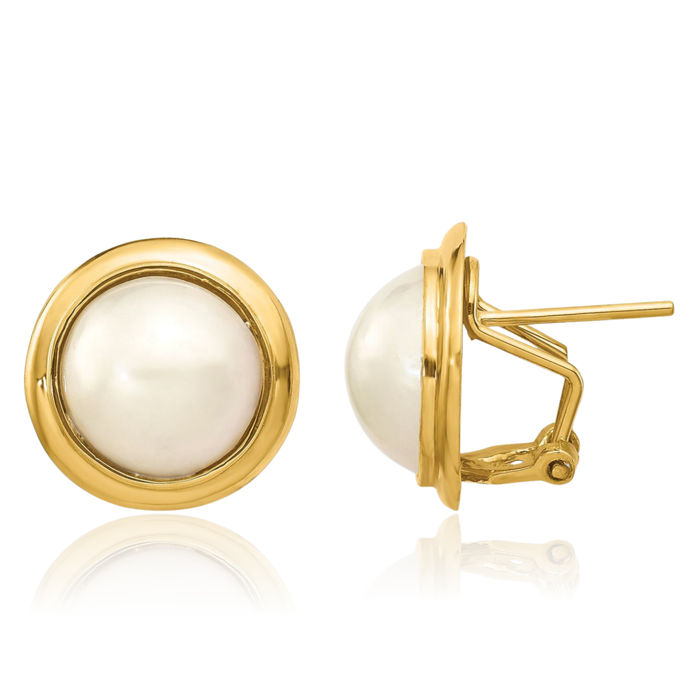 14K Solid Yellow Gold 10mm White Freshwater Cultured Mabe Pearl Omega Clip Back Post Stud Earrings