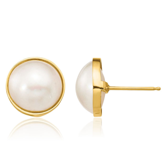 14K Solid Yellow Gold 10mm White Mabe Saltwater Cultured Pearl Stud Earrings