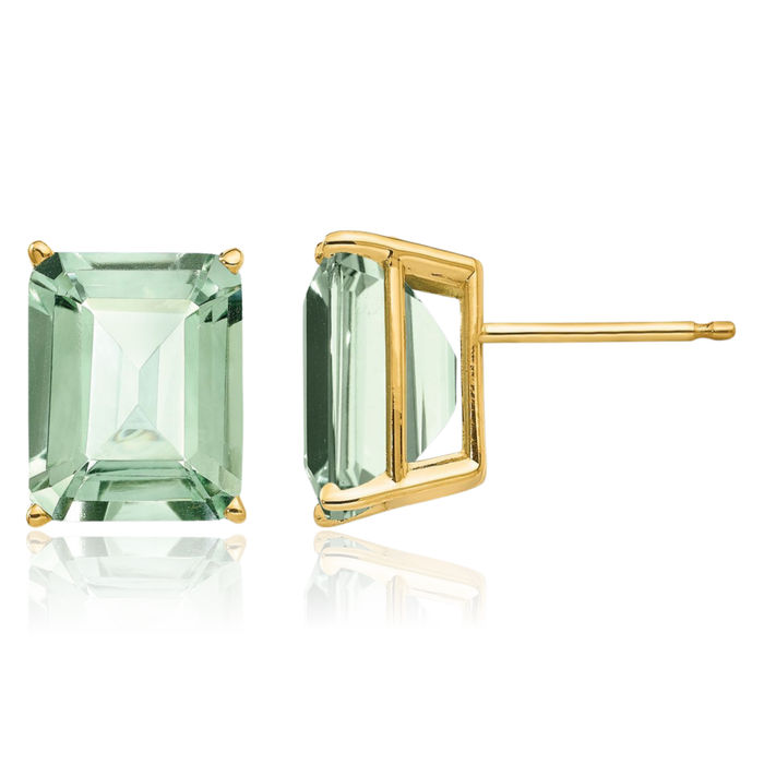 14K Solid Yellow Gold 10x8 Emerald-Cut Green Quartz Studs Gemstone Solitaire Earrings August Birthstone Jewelry