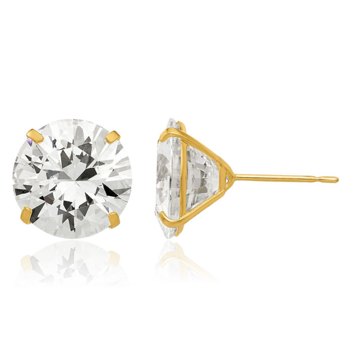 14K Solid Yellow Gold 11mm Round Cubic Zirconia CZ Stud Earrings