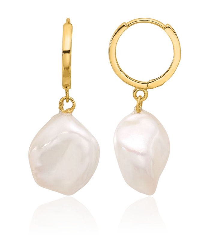 14K Solid Yellow Gold 11mm White Keshi Freshwater Cultured Pearl Medium Endless Hoop Drop Dangle Earrings