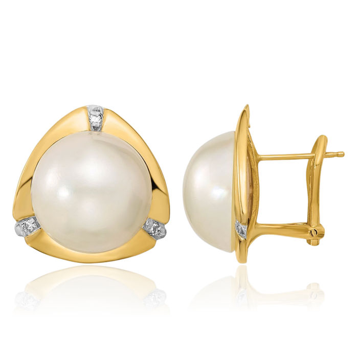 14K Solid Yellow Gold 12mm White Mabe Saltwater Cultured Pearl Diamond Omega Clip Back Post Stud Earrings