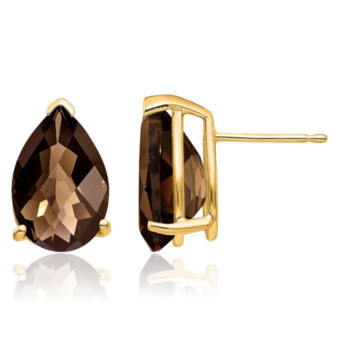 14K Solid Yellow Gold 12x8 Checker Cut Brown Smoky Quartz Studs Pear Teardrop Gemstone Solitaire Earrings June Birthstone Jewelry