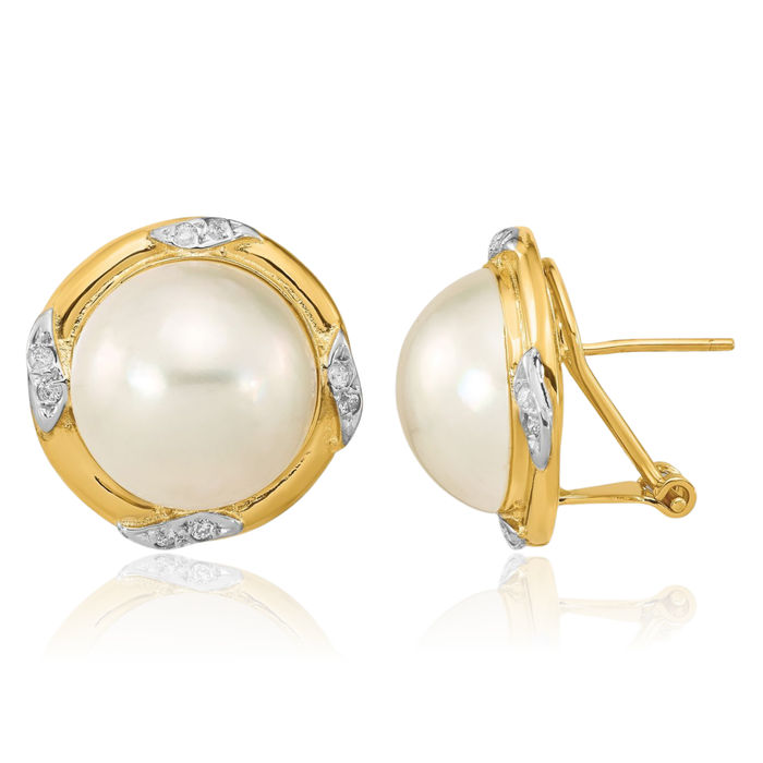 14K Solid Yellow Gold 13mm White Mabe Saltwater Cultured Pearl Diamond Omega Clip Back Post Stud Earrings