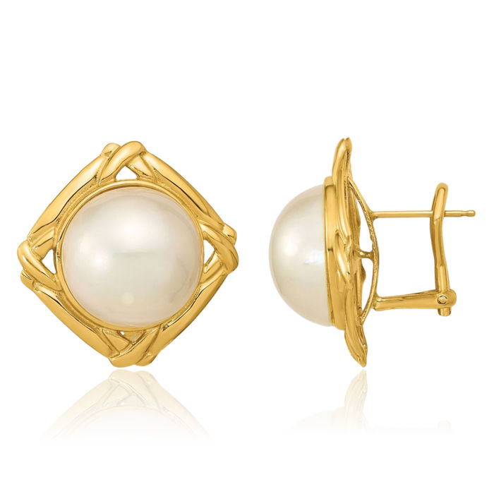 14K Solid Yellow Gold 13mm White Mabe Saltwater Cultured Pearl Omega Clip Back Post Stud Earrings