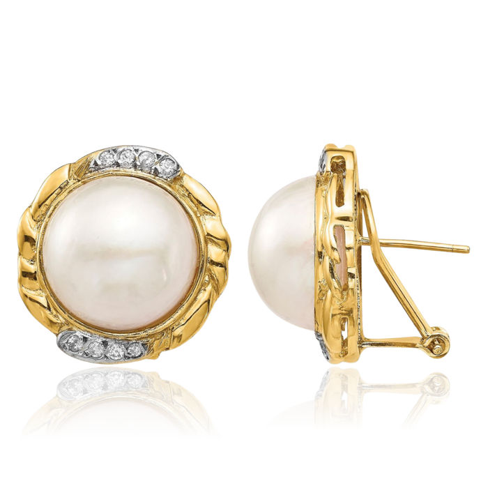 14K Solid Yellow Gold 13mm White Saltwater Cultured Mabe Pearl Diamond Omega Clip Back Post Stud Earrings