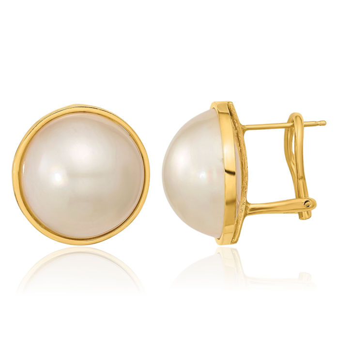 14K Solid Yellow Gold 14mm White Mabe Saltwater Cultured Pearl Omega Clip Back Post Stud Earrings