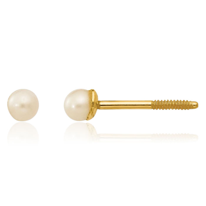 14K Solid Yellow Gold 2.5 3.5mm White Button Freshwater Cultured Pearl Screw Back Stud Earrings