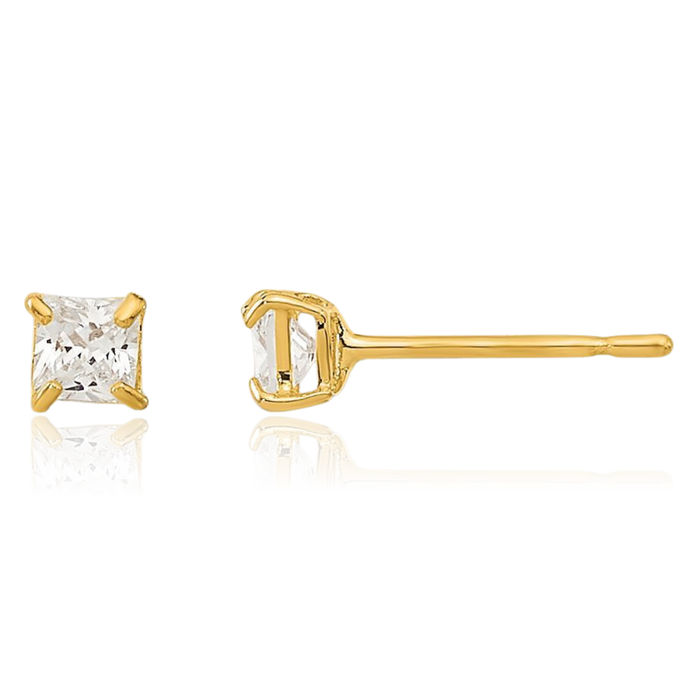 14K Solid Yellow Gold 2.5mm Square Cubic Zirconia CZ Stud Earrings