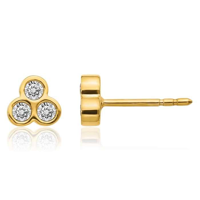 14K Solid Yellow Gold 3 Stone Diamond Stud Earrings