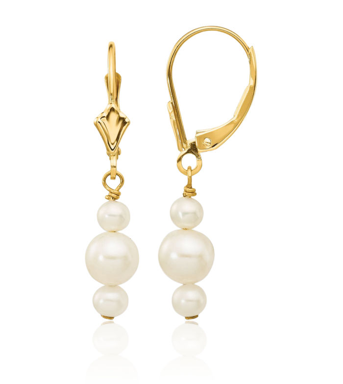 14K Solid Yellow Gold 3mm 5mm White Round Freshwater Cultured Pearl Drop Dangle Earrings