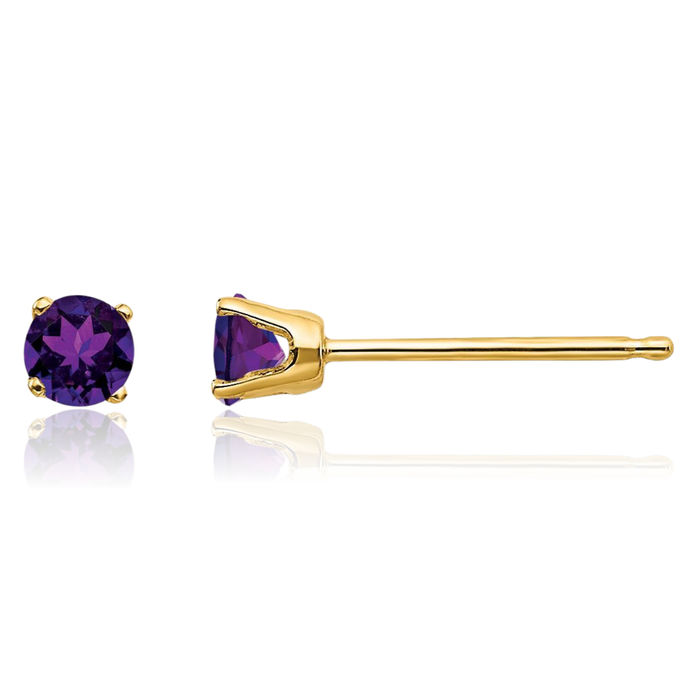 14K Solid Yellow Gold 3mm Purple Amethyst Studs Gemstone Solitaire Earrings February Birthstone Jewelry