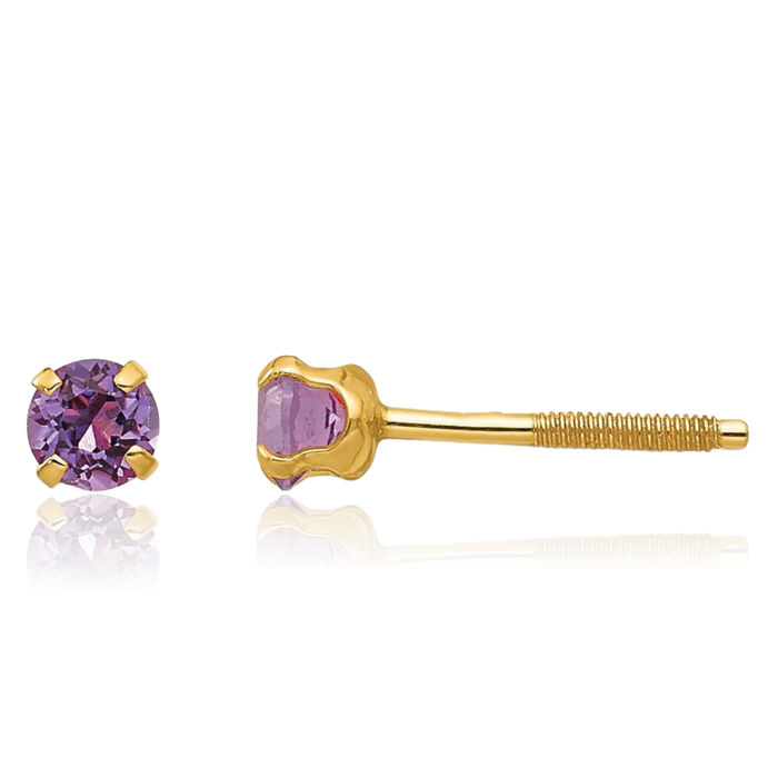 14K Solid Yellow Gold 3mm Purple Amethyst Studs Gemstone Earrings February Birthstone Jewelry