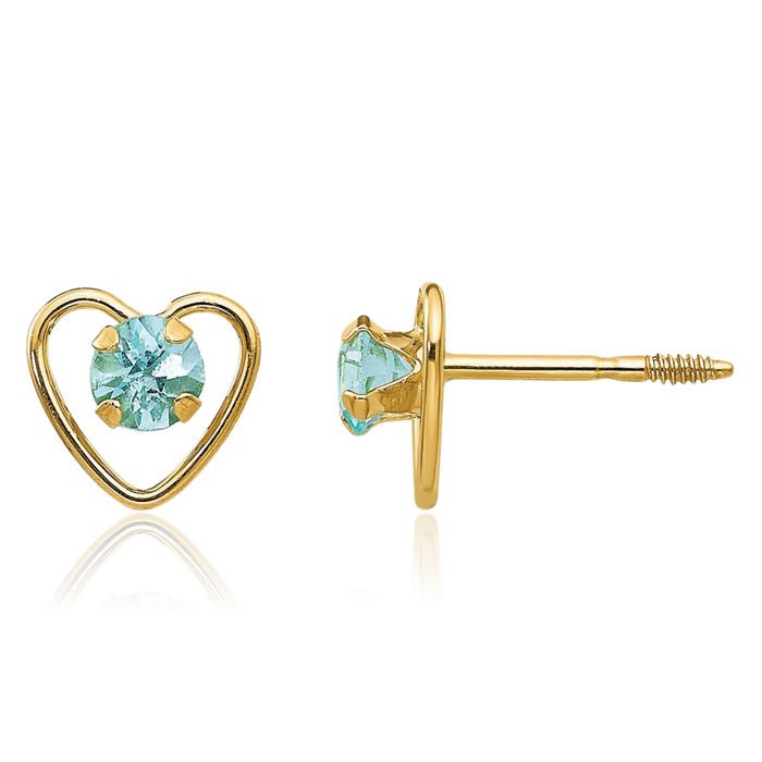 14K Solid Yellow Gold 3mm Blue Aquamarine Heart Stud Earrings March Birthstone Jewelry