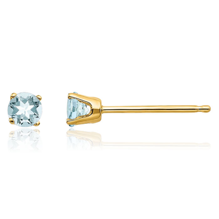 14K Solid Yellow Gold 3mm Blue Aquamarine Studs Gemstone Solitaire Earrings March Birthstone Jewelry