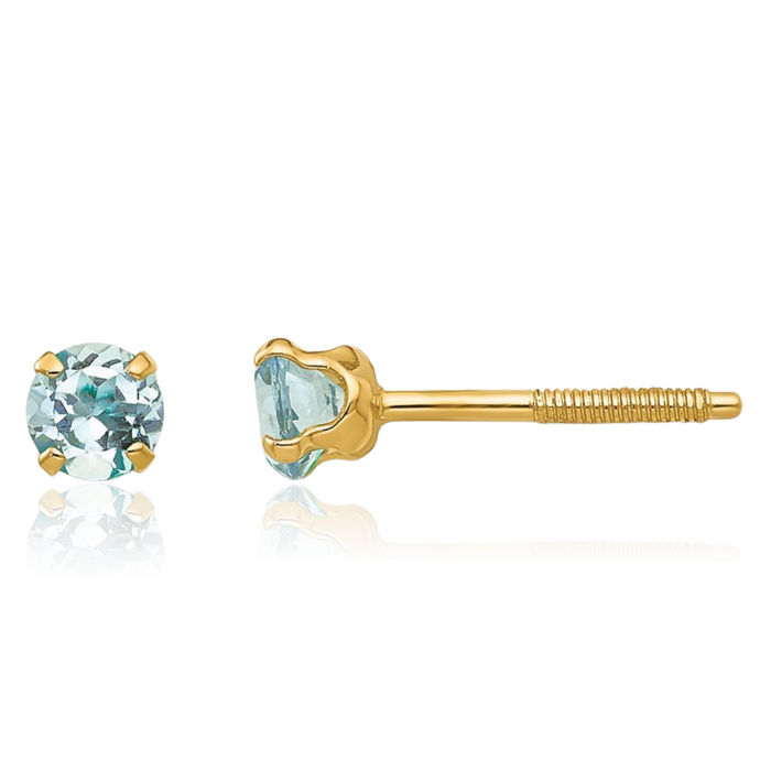 14K Solid Yellow Gold 3mm Blue Aquamarine Studs Gemstone Earrings March Birthstone Jewelry