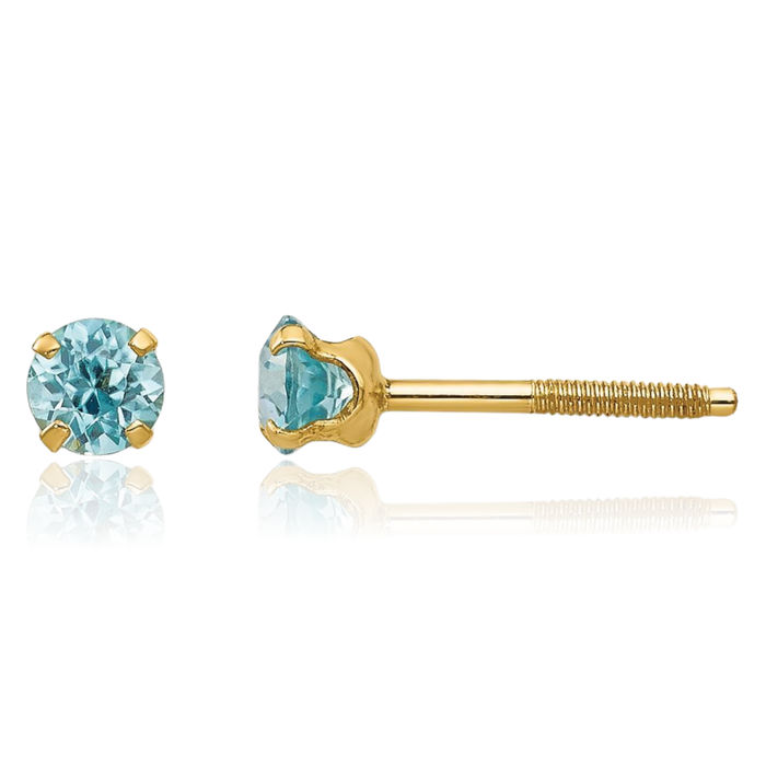 14K Solid Yellow Gold 3mm Blue Cubic Zirconia CZ Stud Earrings