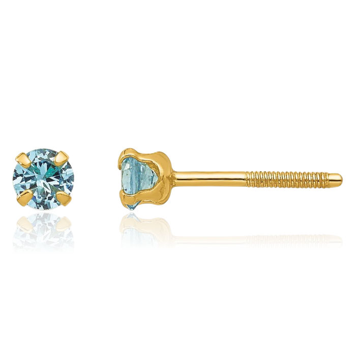 14K Solid Yellow Gold 3mm Blue Cubic Zirconia CZ Studs Gemstone Earrings December Birthstone Jewelry