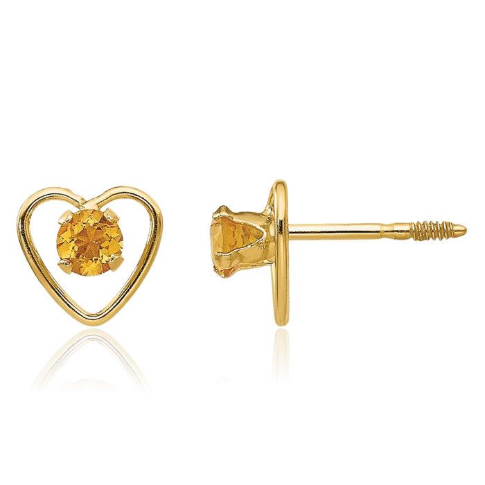 14K Solid Yellow Gold 3mm Orange Citrine Heart Stud Earrings November Birthstone Jewelry