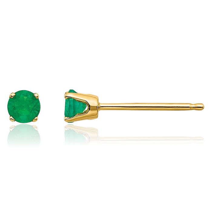 14K Solid Yellow Gold 3mm Green Emerald Studs Gemstone Solitaire Earrings May Birthstone Jewelry