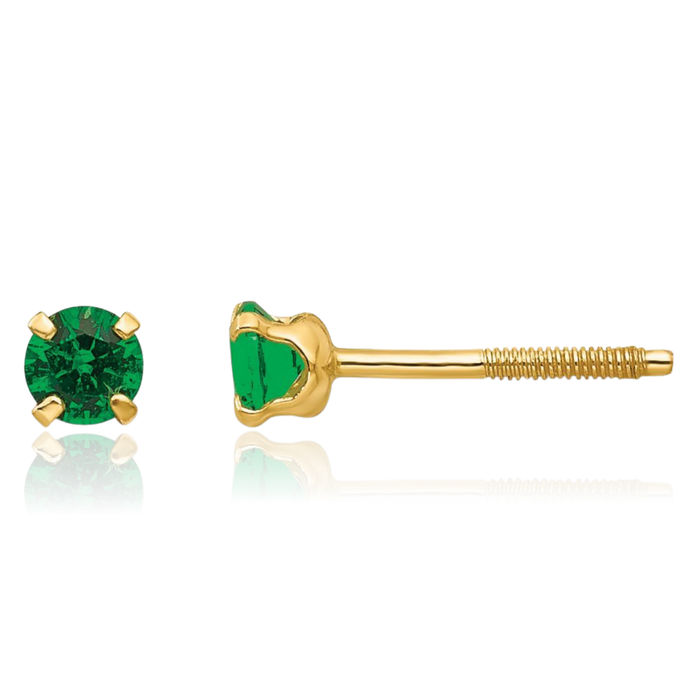 14K Solid Yellow Gold 3mm Green Emerald Studs Gemstone Earrings May Birthstone Jewelry