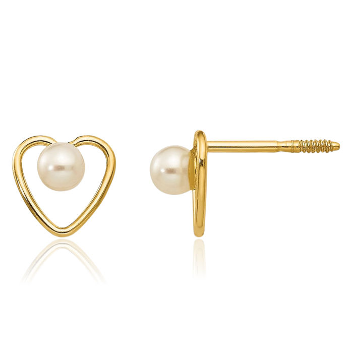 14K Solid Yellow Gold 3mm Freshwater Cultured Pearl Heart Stud Earrings June Birthstone Jewelry