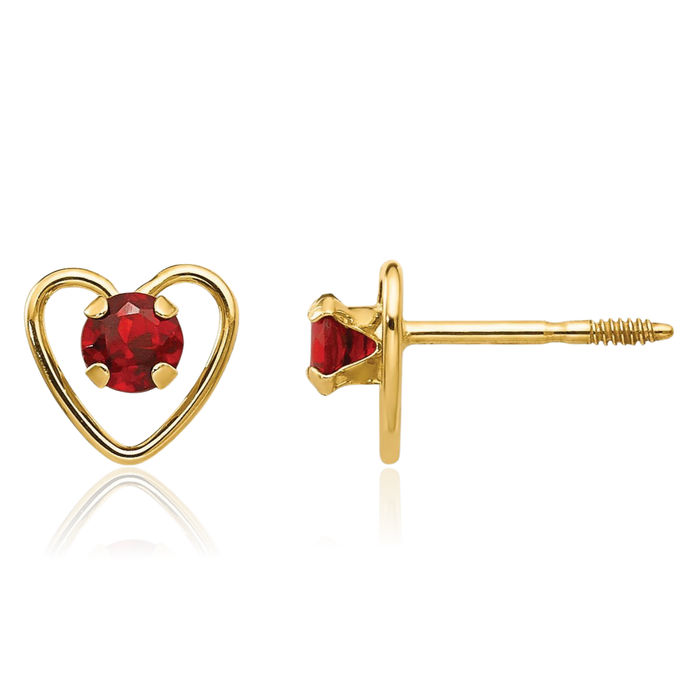 14K Solid Yellow Gold 3mm Red Garnet Heart Stud Earrings January Birthstone Jewelry