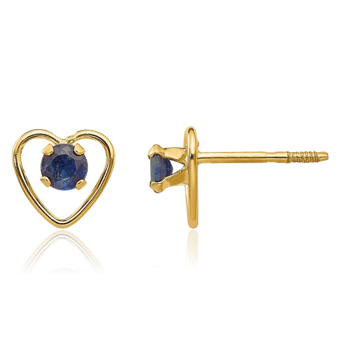 14K Solid Yellow Gold 3mm Lab Blue Sapphire Heart Stud Earrings September Birthstone Jewelry