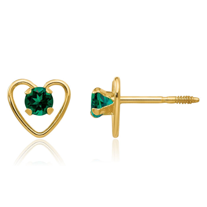 14K Solid Yellow Gold 3mm Lab Green Emerald Heart Stud Earrings May Birthstone Jewelry