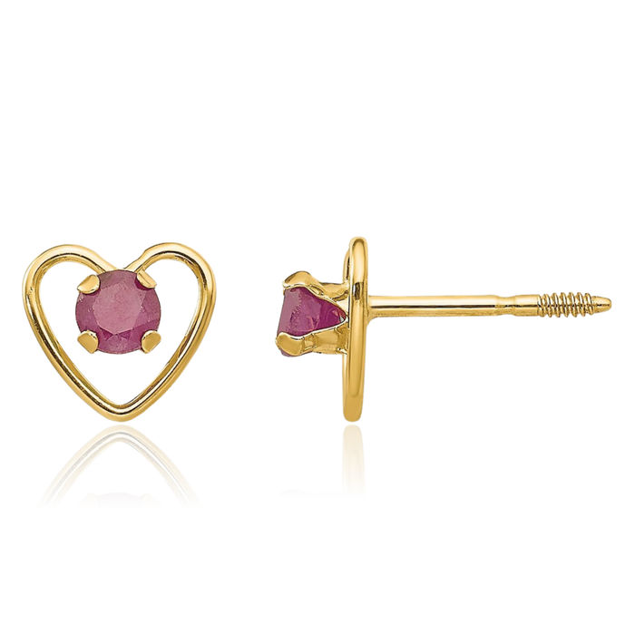 14K Solid Yellow Gold 3mm Lab Red Ruby Heart Stud Earrings July Birthstone Jewelry