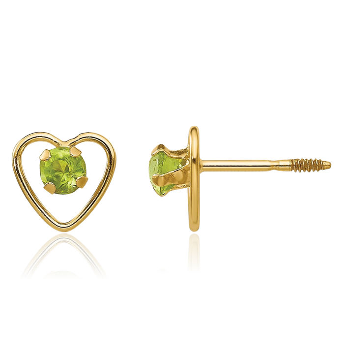 14K Solid Yellow Gold 3mm Green Peridot Heart Stud Earrings August Birthstone Jewelry