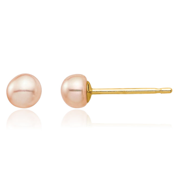 14K Solid Yellow Gold 3mm Pink Button Freshwater Cultured Pearl Stud Earrings Silicone Backs