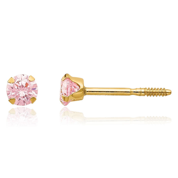 14K Solid Yellow Gold 3mm Pink Cubic Zirconia CZ Stud Earrings