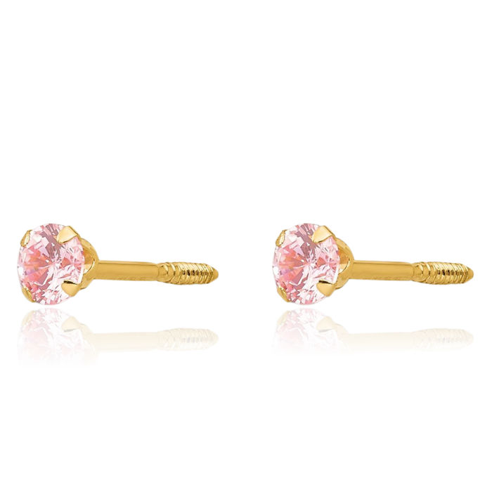 14K Solid Yellow Gold 3mm Pink Cubic Zirconia CZ Stud Earrings