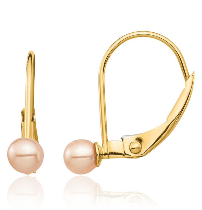 14K Solid Yellow Gold 3mm Pink Round Freshwater Cultured Pearl Drop Dangle Earrings