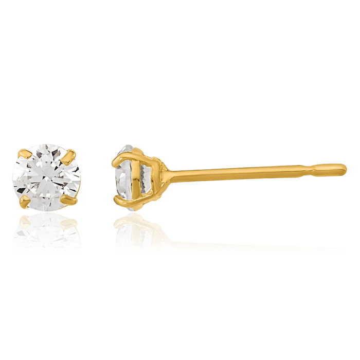 14K Solid Yellow Gold 3mm Round Cubic Zirconia CZ Stud Earrings