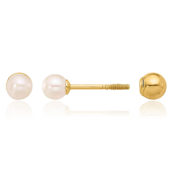 14K Solid Yellow Gold 3mm Round Freshwater Cultured Pearl Ball Post Screw Back Stud Earrings