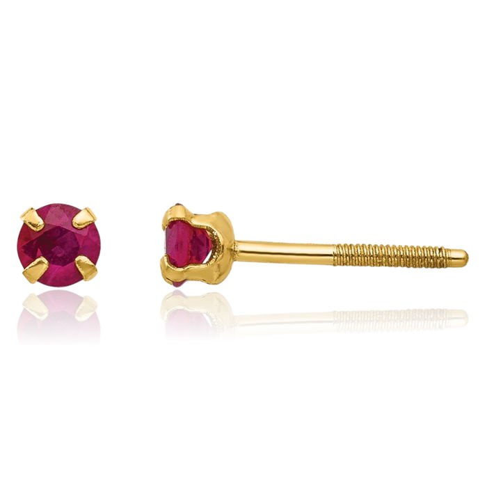 14K Solid Yellow Gold 3mm Red Ruby Studs Gemstone Earrings July Birthstone Jewelry